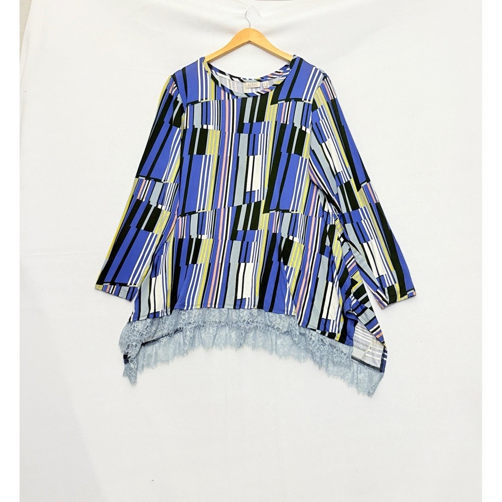 LOGO Lori Goldstein Tunic Striped Lace Hem‎ Long Sleeve Multicolor Flowy Sz 1X
